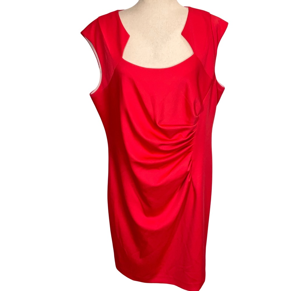 Calvin Klein Sheath Dress Womens 16W Coral Ruched Holiday Minimalist Cocktail